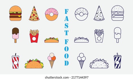 Fast Food Icons Set Vector Design. Fast Food Cartoon Illustration.