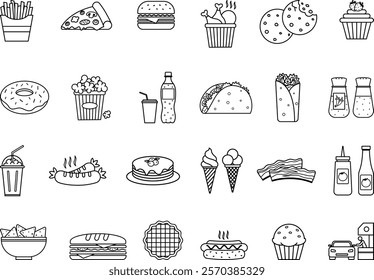 Fast Food Icons Set. Vector Icons Burger, Pizza, Hot Dog, French Fries, Sandwich, Cupcake, Soda, Sausage, Fried Chicken, Pop Corn, Burrito, Nachos, Ice Cream, and More