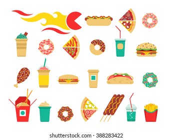 Fast food icons set. Vector fast food icons. Fast food isolated icons. Flat fast food icons.