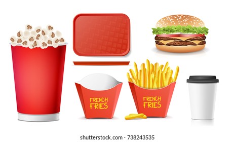 Fast Food Icons Set Vector. French Fries, Coffee, Hamburger, Cola, Tray Salver, Popcorn. Isolated On White Background Illustration