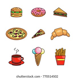Fast food icons set. Vector isolated cheeseburger burger, sandwich and pizza, donut, coffee drink, ice cream and fries for fastfood menu