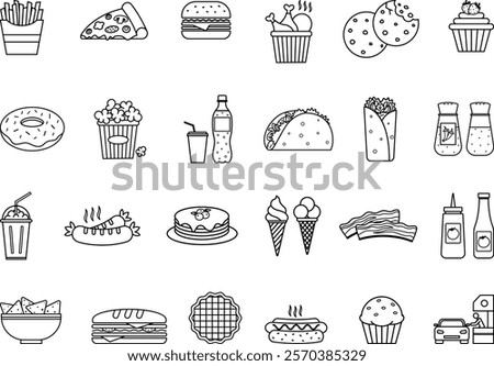 Fast Food Icons Set. Vector Icons Burger, Pizza, Hot Dog, French Fries, Sandwich, Cupcake, Soda, Sausage, Fried Chicken, Pop Corn, Burrito, Nachos, Ice Cream, and More