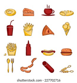 Fast food icons sketch set of doughnut pizza cup bread isolated vector illustration