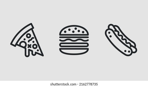 Fast food icons. Slice of pizza, burger and hot dog icons isolated on grey background. Icons for web design, app interface. Vector illustration