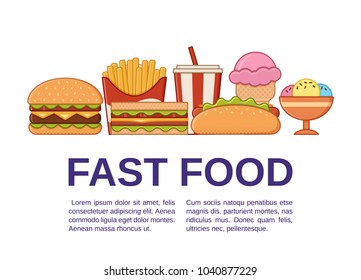Fast food icons with text. Vector. Set unhealthy meal in flat line art style with space for typography. Junk colorful cooking elements. Linear restaurant snacks. Outline design. 