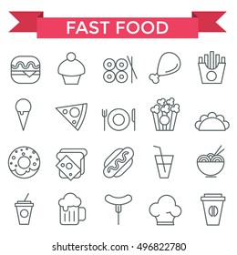 Fast food icons, thin line flat design