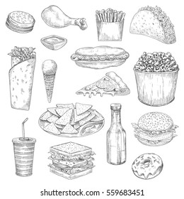 Fast Food icons. Vector hamburger sandwich, chicken leg and french fries, tacos, burrito. Junk food hot dog and ice cream, pizza and popcorn, nachos and ketchup, cheeseburger, soda and donut