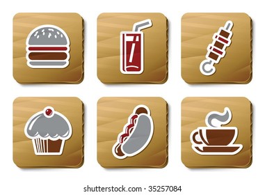 Fast food icons. Vector icon set. Three color icons on cardboard tags.