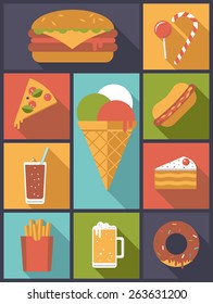 Fast Food icons vector illustration. Vertical flat design illustration with various fast food symbols