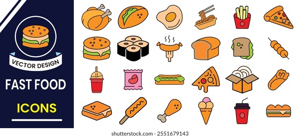 Fast food icons, vector. Junk food icon, vector design. Street food, Flat design of fast and junk food vector on white background. Vector illustration.