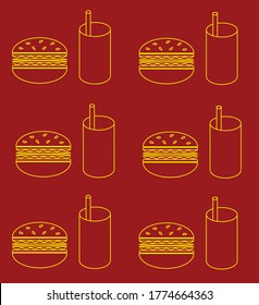 Fast food icons vector pattern: hamburger with soda. Yellow icons on a red background.