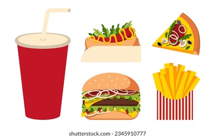 Ilustración de comida rápida. Hamburguesa, patatas fritas, perritos calientes, pizzas, vidrio con paja. Ilustración vectorial en el estilo minimalista, formas simples.