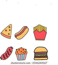 fast food illustration with burgers, hotdogs, fries, sausages, pizza and cupcakes