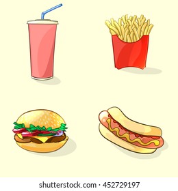 Fast food illustration in cartoon style. Hot dog, beverage cup, burger and French fries. Vector