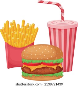Fast food. An illustration depicting a burger, a carbonated drink and French fries. A set of fast food . Vector illustration isolated on a white background