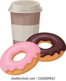 Fast food. An illustration depicting two donuts and a cup of coffee. Sweet donuts and a drink. Vector illustration isolated on a white background