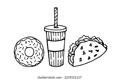 Fast food illustration of donut, drink and taco