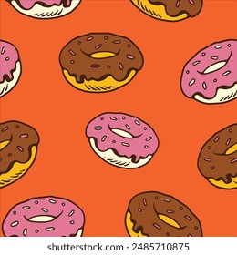 Fast Food Illustration Donuts Digital Hand Drawing Seamless Pattern