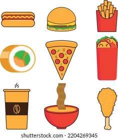 Fast Food Illustration Elements isolated on white background set. French fries, hot dog, drink, sandwich, pizza, burger. RGB EPS 9 vector illustration