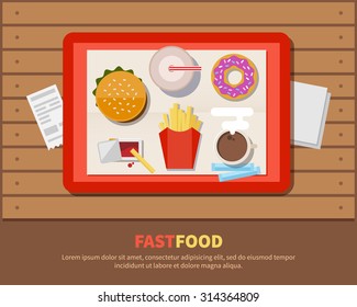 Fast food, illustration in a flat style. The tray with hot-dog, fries, soda, donut and coffee on wooden table