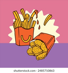 Fast Food Illustration French Fries and Nugget Digital Hand Drawing
