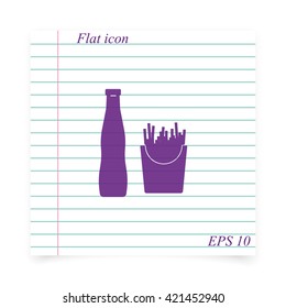 Fast food illustration. French fries and beverage icon.