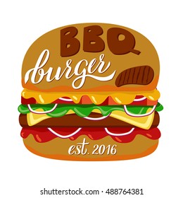 Fast food illustration and hand draw lettering in vector. Colorful, volume, and modern picture of burger concept with bbq taste.