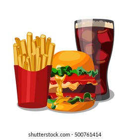 Fast food illustration and hand draw lettering in vector. Colorful, volume, and modern picture of fast food concept with different taste. Soda drink,burger and fried potato.