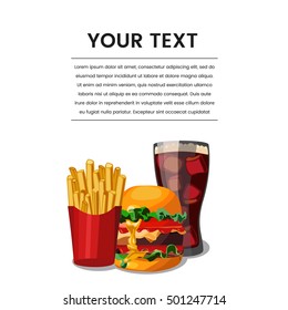 Fast food illustration and hand draw lettering in vector. Colorful, volume, and modern picture of fast food concept with soda drink and fried potato.