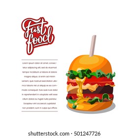 Fast food illustration and hand draw lettering in vector. Colorful, volume, and modern picture of burger concept with different taste. Lettering logotype and template for your advertising