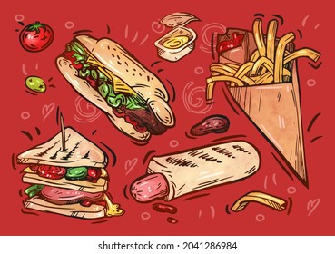 Fast food illustration. Hand drawn sketch. French hot dog, french fries, sandwich, sauce. Street food collection, take away menu design. Vector doodle color set