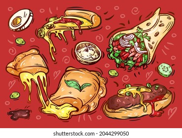 Fast food illustration. Hand drawn sketch. Pizza, calzone, sandwich, gyros, sauce, egg, cheese. Street food collection, take away menu design. Vector doodle color set