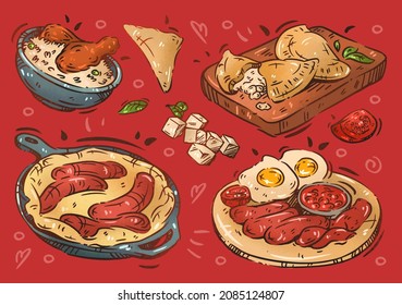 Fast food illustration. Hand drawn sketch. Breakfast, egg, sausages, chicken with rice, pie with cottage cheese, feta, tomato. Street food collection, take away menu design. Vector doodle color set