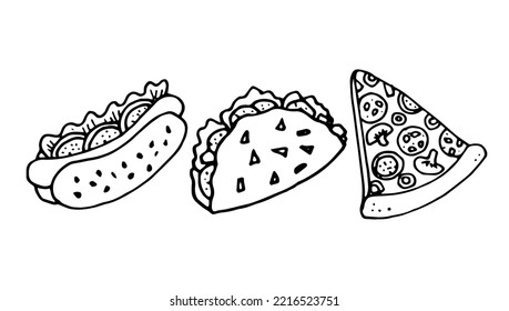 Fast Food illustration of hot dog, taco and pizza