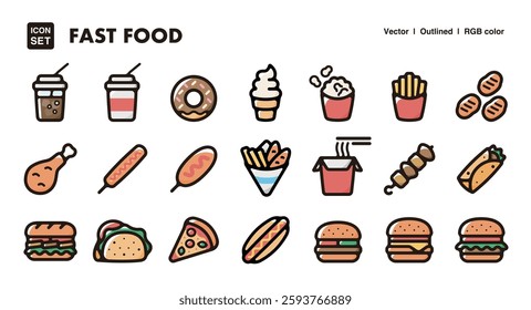 Fast food illustration icon set.Simple vector outlines, clipart for graphic design.