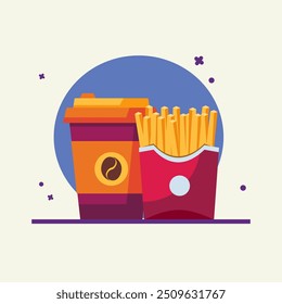 Fast food illustration. isolated fast food cartoon burger, french fries, soda, coffee