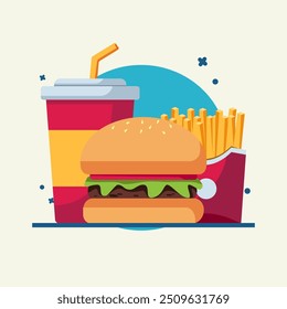 Fast food illustration. isolated fast food cartoon burger, french fries, soda, coffee