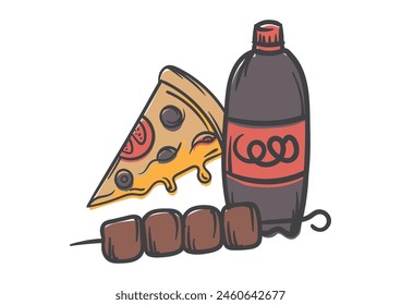 Ilustración de comida rápida. Concepto de comida chatarra. Vector Imagen editable de kebab, pizza y soda