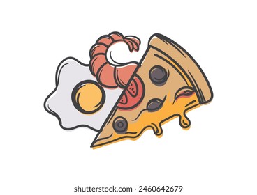 Ilustración de comida rápida. Concepto de comida chatarra. Vector Imagen editable de huevos fritos, pizza y camarones