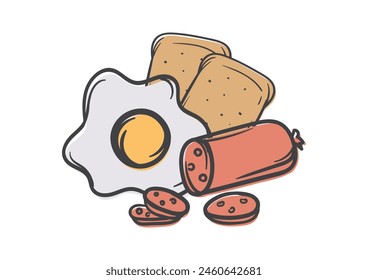 Ilustración de comida rápida. Concepto de comida chatarra. Imagen editable de Vector de huevos fritos, salchichas y tostadas