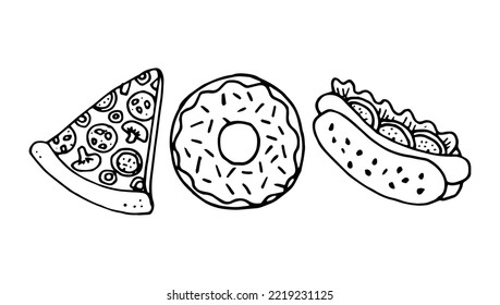 Fast Food illustration of pizza, donut and hot dog