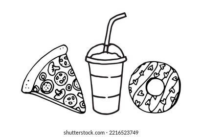 Fast Food illustration of pizza, drink and donut