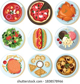 Fast food, food illustration, pizza, hot dog, burger, fries, ice cream, dumplings, soup, salad, chicken