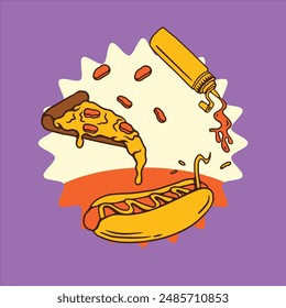 Fast Food Illustration Pizza Hot Dog with Sauce Digital Hand Drawing