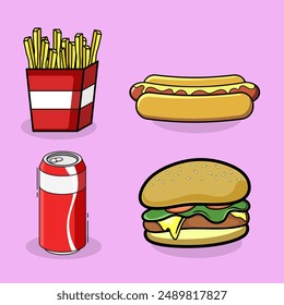 Fast food illustration set. Flat design vector illustration. Fast food restaurant. Fast food menu. Snacks, burger, hamburger, hot dog, fries.