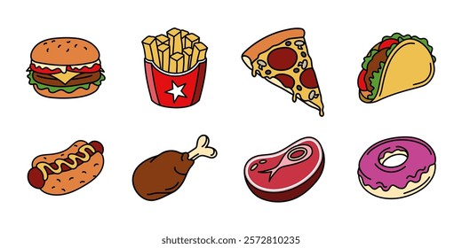 Fast food illustration set. Fast food icon set. Hamburger, pizza, hot dog, taco, french fries and crispy chicken colored collection. Meat steak, burger and donut cartoon eatery menu. Fast food snack.