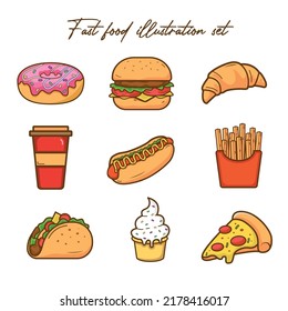 Fast food illustration set, junk food, donut, hot dog, burger, pizza, taco loco, ice cream, croissant vector