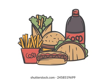 Ilustración de comida rápida. Concepto de comida poco saludable. Vector Imagen editable de hamburguesa, perrito caliente, shawarma, patatas fritas y soda