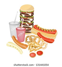 Fast Food, An Illustration of Various Flavours Soft Drink and Soda with Delicious Hot Dog, Hamburger, French Fries and Onion Ring
