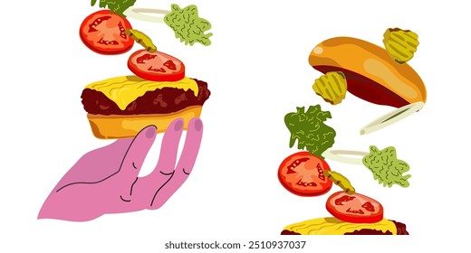 Ilustração de fast food. Burgers vetoriais em estilo de desenho animado plano. Dia Nacional do hambúrguer. Cartaz moderno Cheeseburger. Banner do hambúrguer. Conjunto de ingredientes para um hambúrguer. Burger design para gráficos de movimento